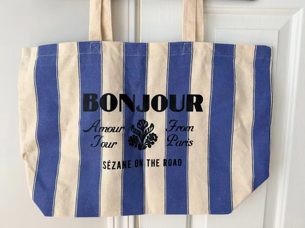 Sézane Blue Stripe Bonjour Amour Tour From Paris Canvas Tote - Image 3