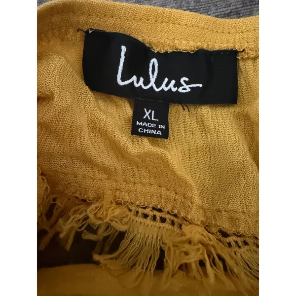 Lulus Mustard Yellow Strapless Boho Mini Dress Crochet Fringe Tassel‎ XL NEW - Image 5