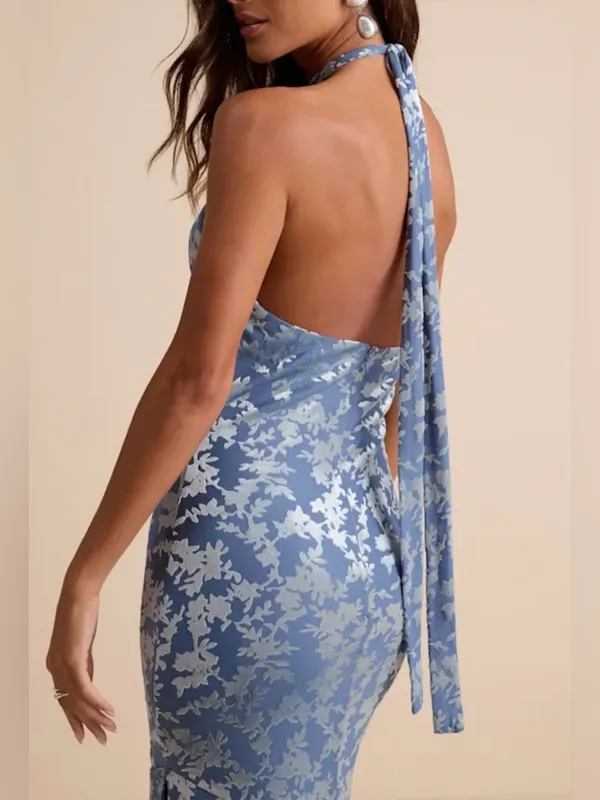 Lulus Sharon Slate Blue Velvet Burnout Halter Maxi Dress - Size XL - Image 2