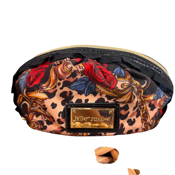 Betsey Johnson 2pc Cosmetic Bag Set Floral Leopard Ruffle Black Red Gold Rose - Image 2