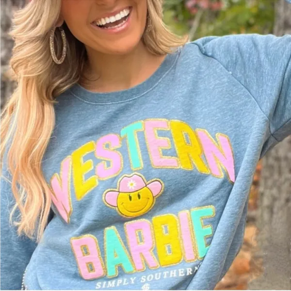 Simply Southern Western Barbie Blue Crewneck Sweater - Image 4