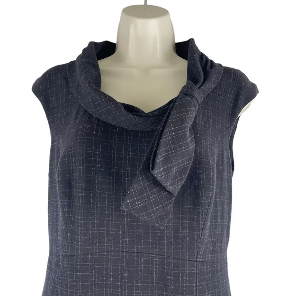 Classiques Entier Check Sheath Dress Bow Neck Gray Brown Size 6 - Image 4