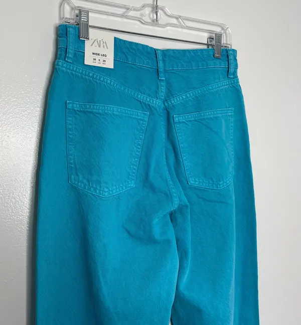 ZARA Wide Leg Blue Colored Denim High Waisted Raw Hem Jeans - Image 8