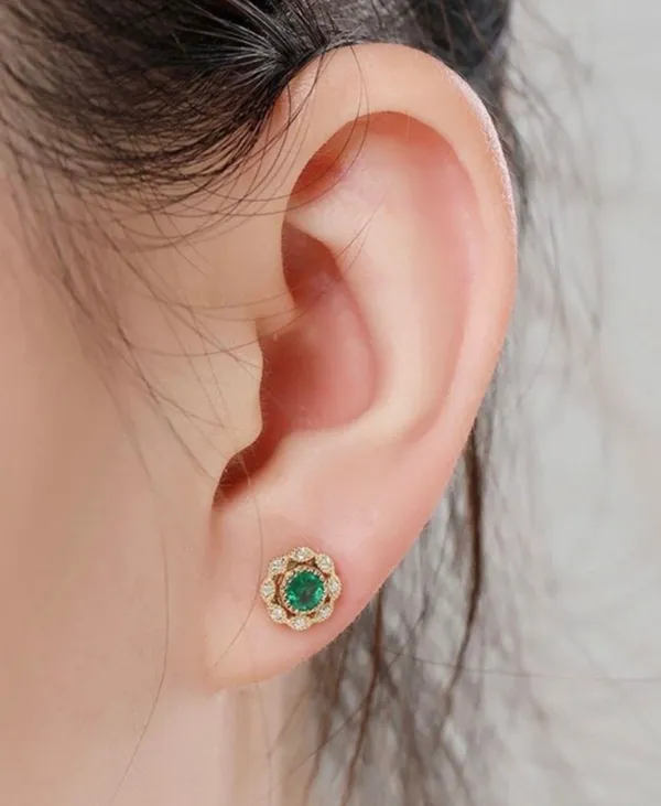 14K Gold Plated Diamond Green Gemstone Emerald Stud Earrings for Women - Image 4