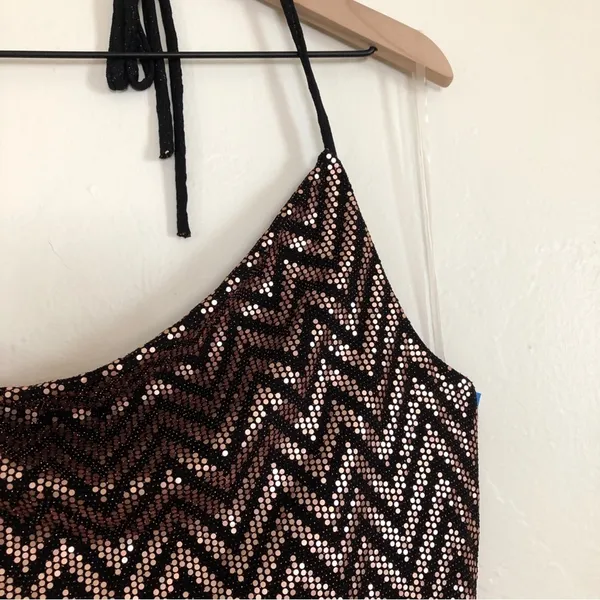 Curvy Sense Sequin Zigzag Striped Black Rose Gold Halter Bodycon Mini Dress 2X - Image 4