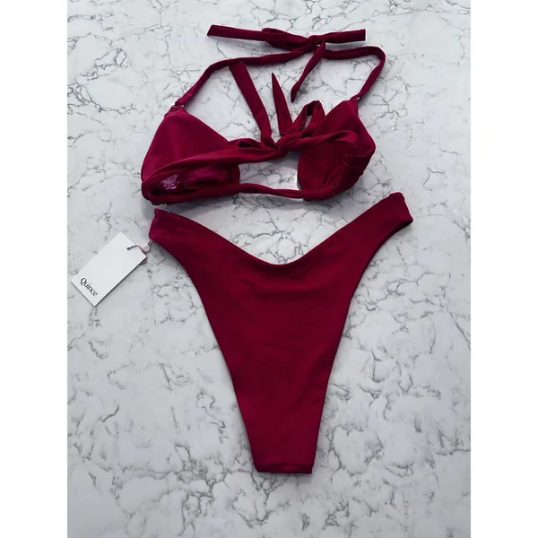NEW Quince Cherry Red Italian Full Coverage Ring Triangle Bikini Top & Bottom M - Image 2