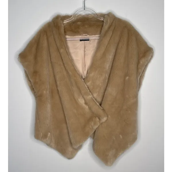 2000s Sisley Tan Faux Fur Shawl Wrap Poncho Cape Size small oversized - Image 4