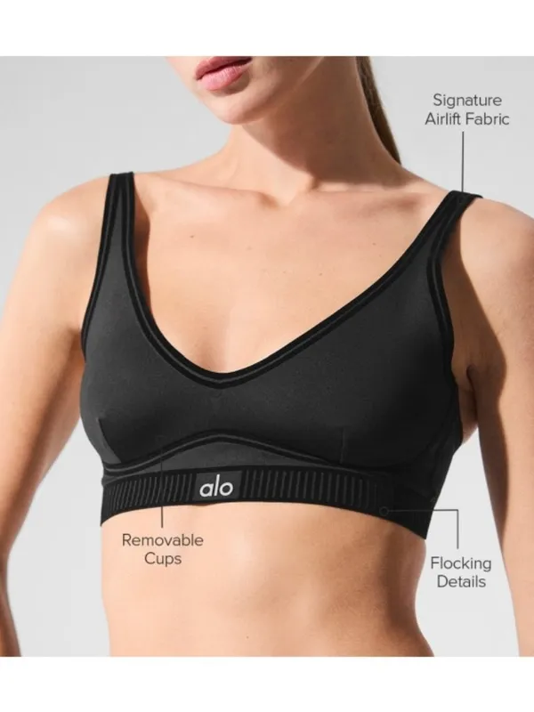 Alo Airlift Line Up Bra Black Padded Velvet Striped Sports Crop Top Bralette S - Image 7