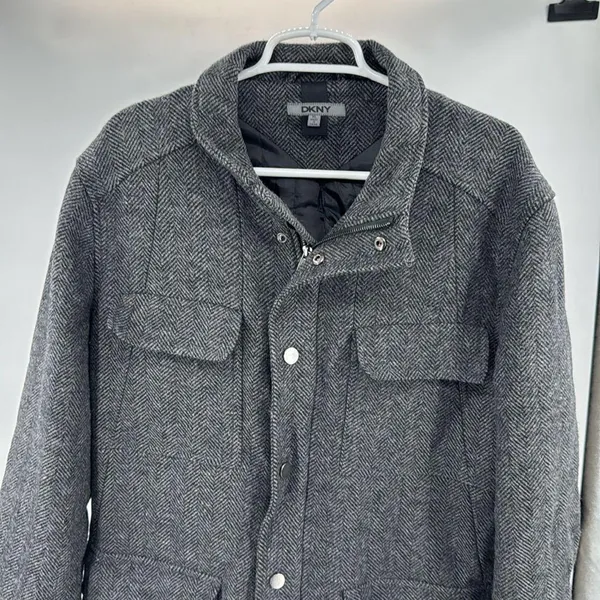 DKNY Charcoal Herringbone wool blend coat zip and button closure winter warm xl - Image 7