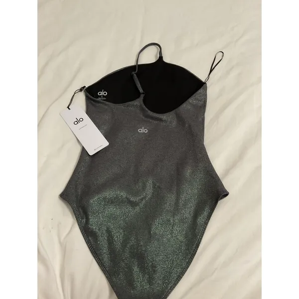 Alo Yoga Alosoft Ribbed Shimmer Bodysuit Dark Grey Iridescent Size S NWT - Image 5