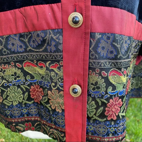 Coldwater Creek Small Jacket Velvet Button Front Black Wine Tapestry Holiday - Image 10