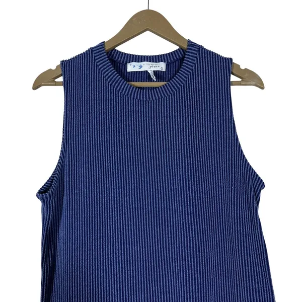 Grace Sleeveless Ribbed Striped Midi Column Dress Navy Blue Minimalist Size L - Image 3