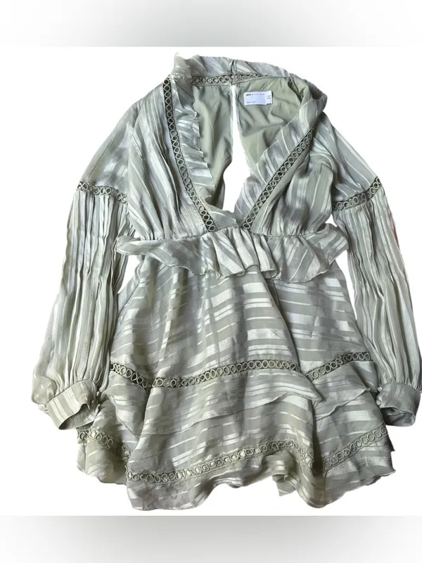 ASOS Light Sage Striped Ruffle V-Neck long sleeve dress - Image 2