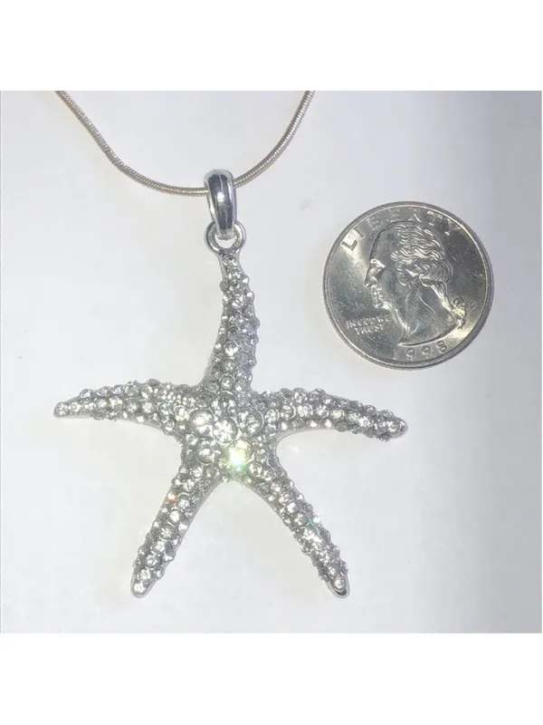 Silver Tone CZ Rhinestone Starfish Boho Pendant Necklace - Image 2