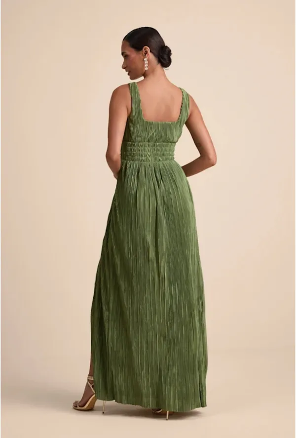 Ameena Olive Green Plisse Square Neck Sash Maxi Dress - Image 2