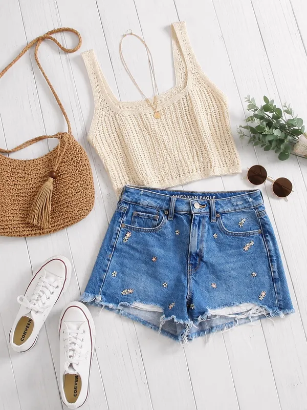 American Eagle Floral Jean Shorts Embroidered - Image 2