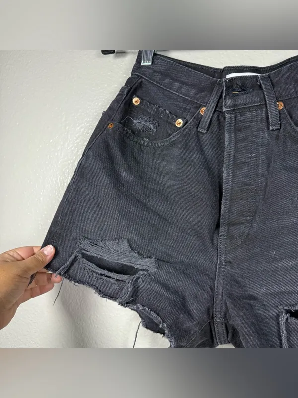 Re/Done Black High-Rise Distressed Denim Cutoff Shorts SZ:25 - Image 7