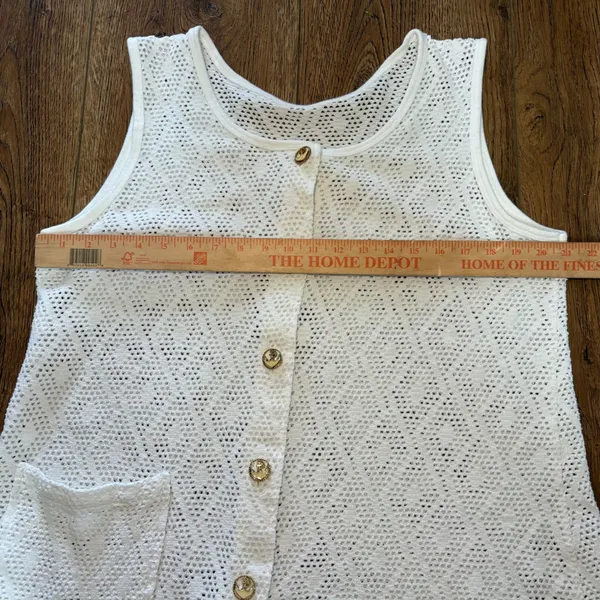 VTG White Crochet Button Up‎ Beach Cover Up Top Anchor Gold Buttons L-XL Resort - Image 9