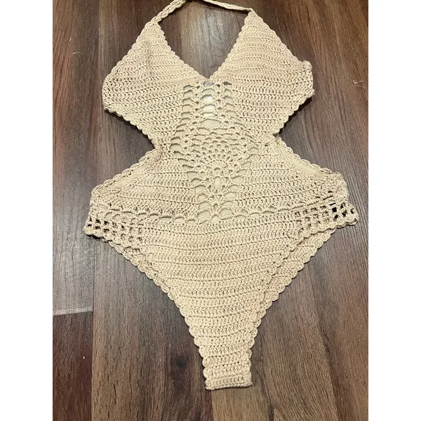 Lulus Beige Crochet Cutout Bodysuit One Piece Swim Coverup Festival Boho Medium - Image 6