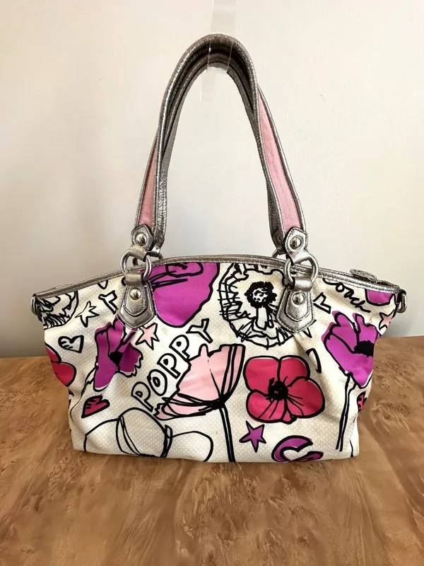 Coach Poppy Pedal Print Glam Rocker Shoulder Bag Pink Cream Metallic Trim - Image 5