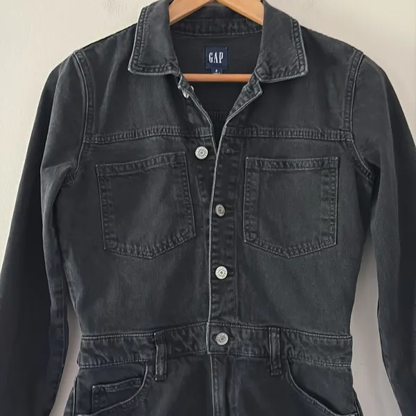 GAP Denim Mini Dress Long Sleeve Pocket in Black Wash‎ Button Front Size 4 - Image 5