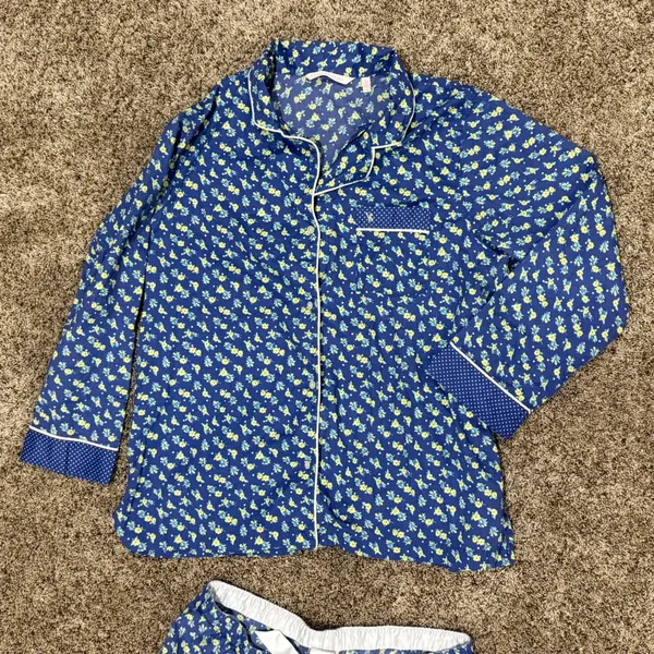 Victorias Secret Blue Floral Polka Dot Pajama Set Long Sleeve Top Shorts Large - Image 2