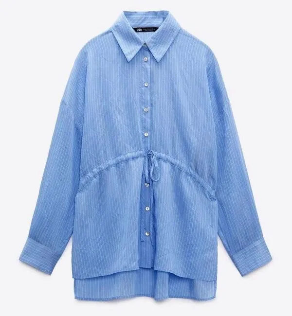 Zara Wrinkled Drawstring Waist Striped Shirt 4387/042/044 Blue White Size XL - Image 5