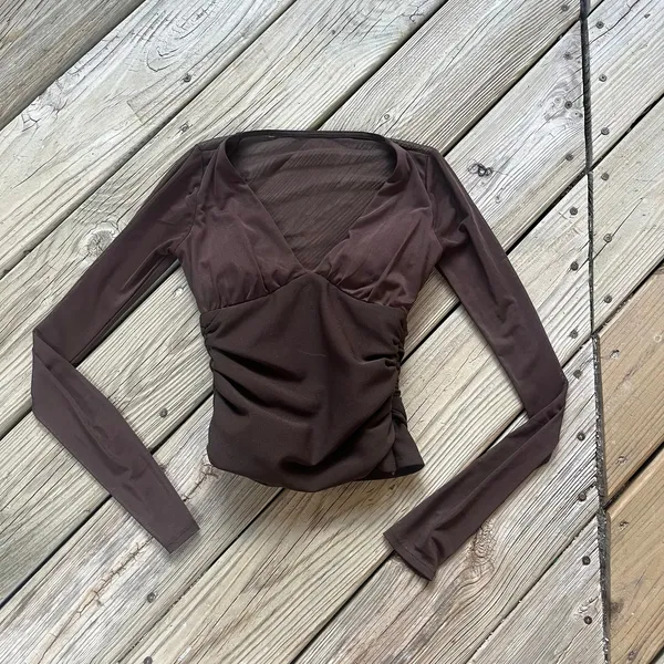 Abercrombie & Fitch Women's Bra Free Long Sleeve Mesh Plunge Top Brown Size XXS - Image 6