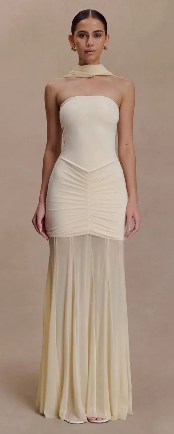Meshki Cream Strapless Dress with Mesh Overlay - Image 2