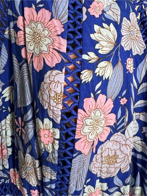 Abel The Label Blue Pink Floral Tie Back Bell Cottage Front Slit Maxi‎ Dress - Image 5