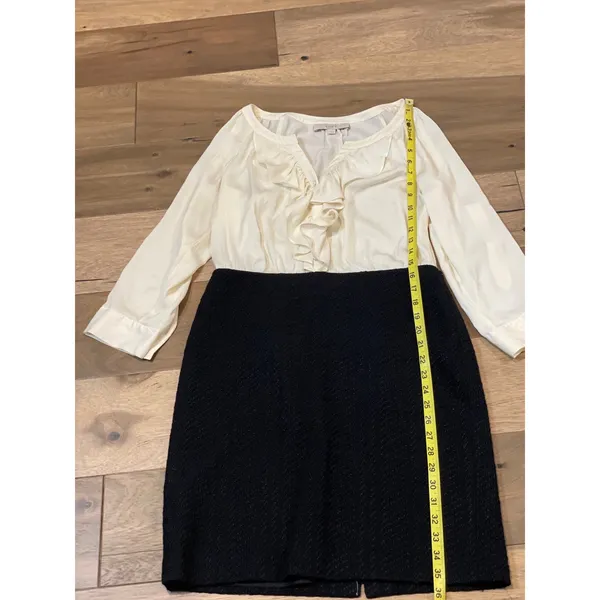 LOFT Mixed Media Dress Size 6 Cream Black Long Sleeve Ruffle Top Knee Length - Image 4