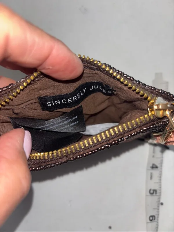 Source Unknown BROWN AND PINK BEADED MINI BAG OR COIN PURSE 5” X 4” HAS BEADED TASSEL ZIP PULL - Image 9