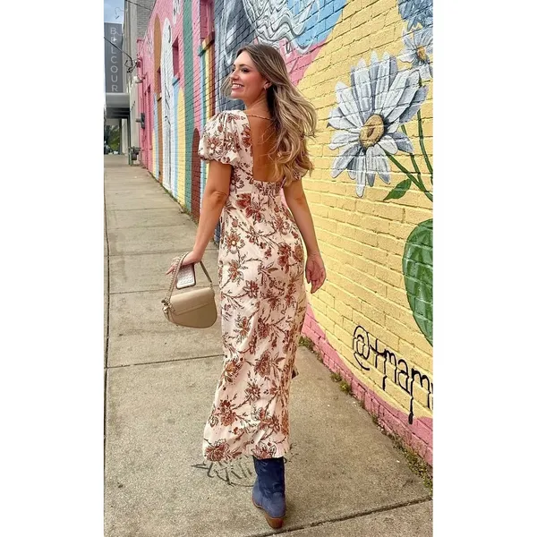 Abercrombie‎ & Fitch Floral Puff Sleeve Slim Poplin Midi Dress Cream Rust Medium - Image 2
