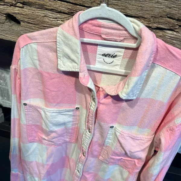 Aerie flannel pink plaid button up women’s small oversized - Image 2
