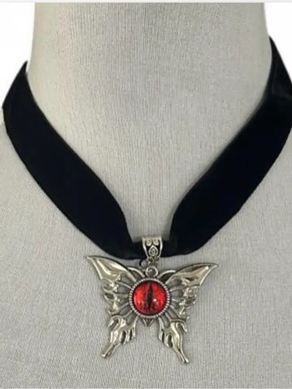 Black Ribbon Choker Necklace Silver Tone Butterfly Charm Pendant Red Center - Image 7