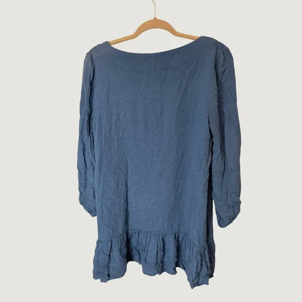 Entro Blue Embroidered Bib Ruffle Hem Mini Dress Boho Long Sleeve D3748 Small - Image 3