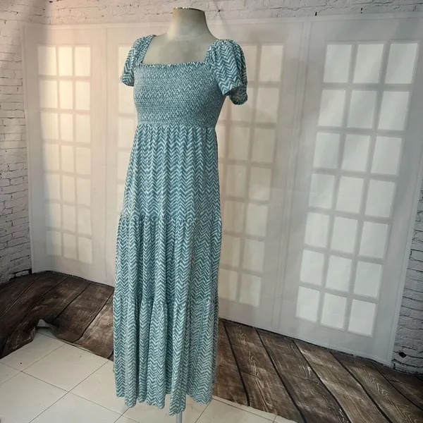 Daily Practice Anthropologie Blue and White Chevron smocked tiered Maxi Dress Si - Image 5