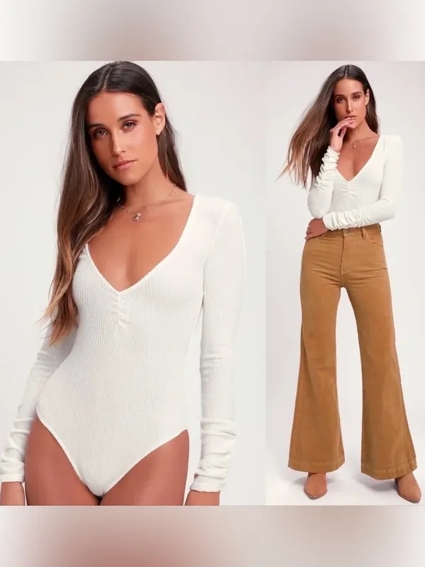 Free People Intimately Cozy Up With Me Ribbed V-Neck Bodysuit Sz L Balletcore - Image 2