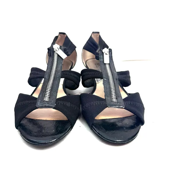 Michael Kors Black Leather Front Zip Kitten Wedge Sandals Size 10 - Image 2