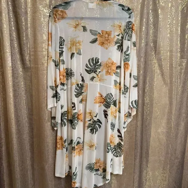 SirenLily White Green Tropical Magnolia Print Mesh Duster Medium - Image 2