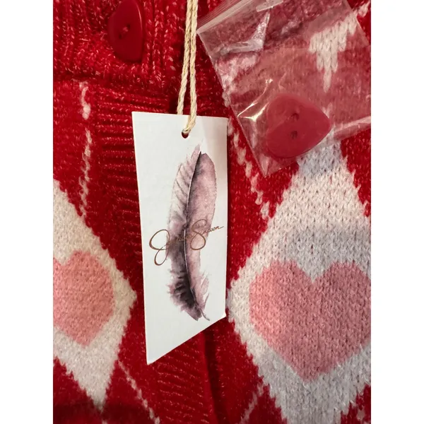 Jessica Simpson Heart Argyle Cardigan Sweater Red Pink White Size S NWT - Image 4