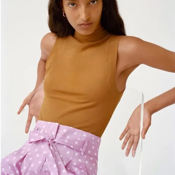 ZARA Lilac & White Polka‎ Dot High Waisted Flowy Satin Belted Paperbag Shorts XS - Image 3