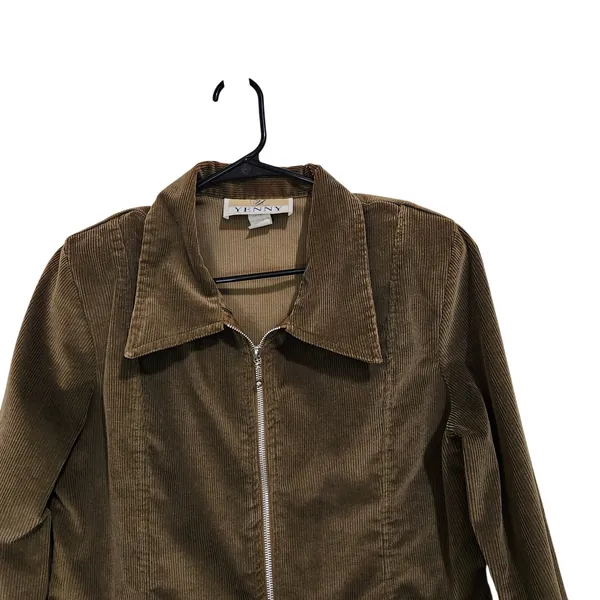 Yenny Brown Retro 3/4 Sleeves Zip Front Collared Corduroy Blazer Jacket Large - Image 3