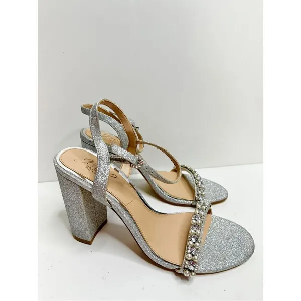 Badgley Mischka Sandals Size 8.5 Silver Block Heel Open Toe Embellished Bridal - Image 2