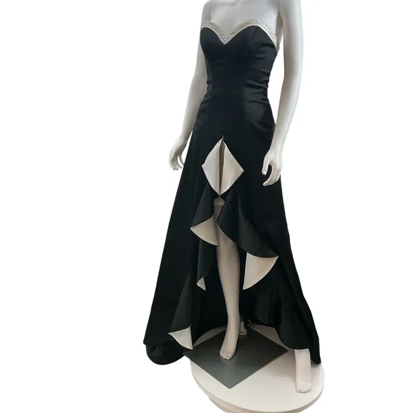 Studio 17 Prom Black White Strapless Beaded High Low Ruffle Gown 2715 Sz 2 - Image 4