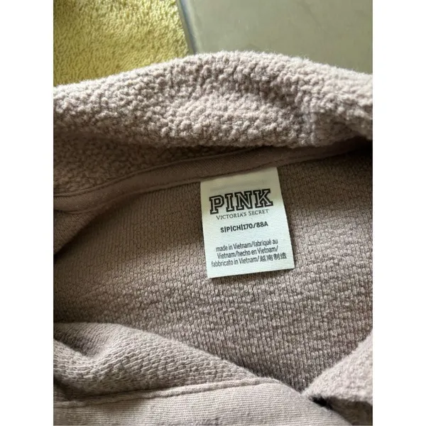 PINK Victoria’s Secret Cropped Collared Sweatshirt Taupe Crest Logo Small Fleece - Image 2