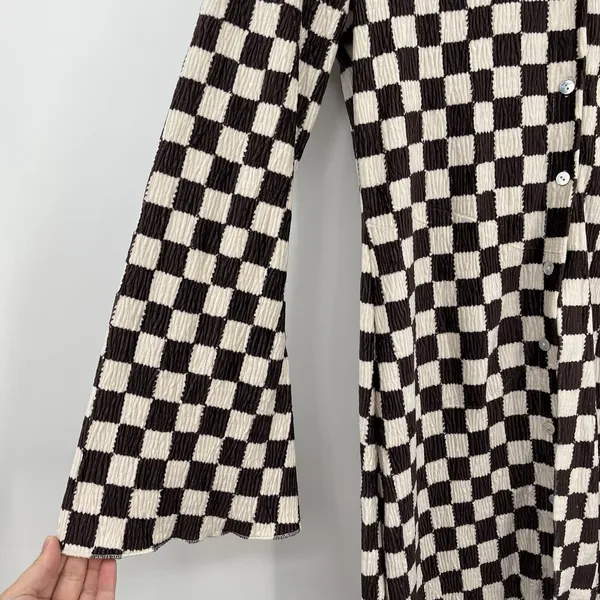 Eb Luxe Checkered Blouse Open Tunic Button Down M Long Sleeve Boho Western M Brown Size M - Image 2