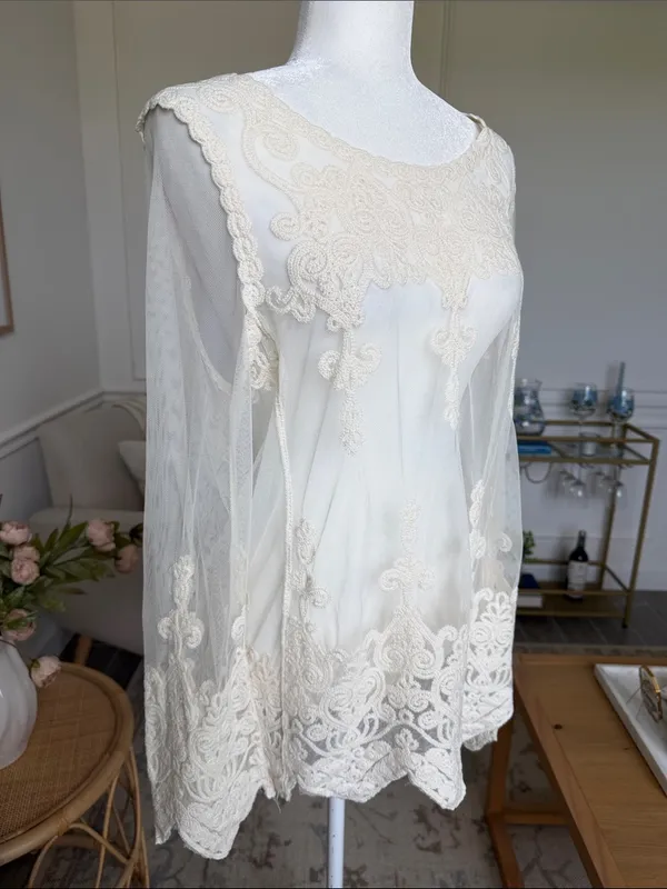 Rock & Roll Cowgirl Romantic Ivory Embroidered Lace Boho Tunic Western Top S - Image 3
