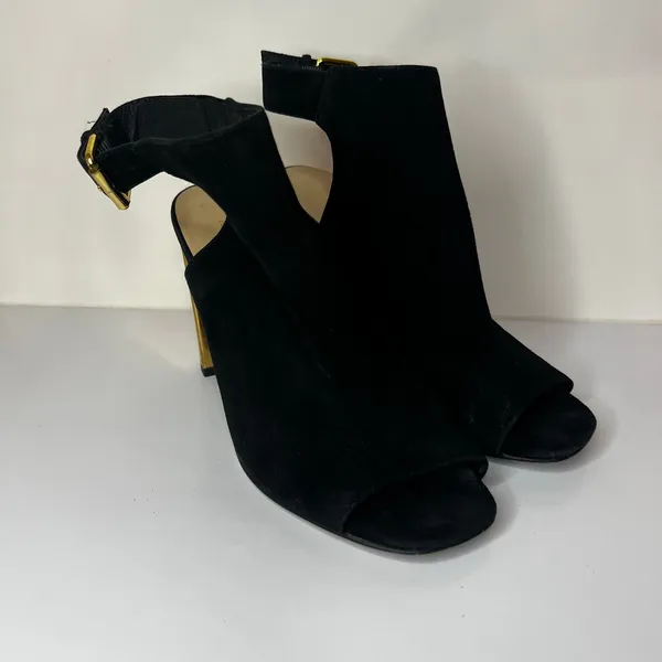 Kate Spade Black suede peep toe gold block heeled sandals WOMENS 6.5 - Image 3