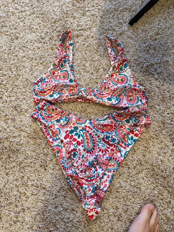 Paisley Cutout One-Piece Swimsuit in White with Multicolor Print - Image 2